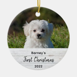 Ornamento De Cerâmica Cute Simple First Christmas Rustic Wood Pet Photo