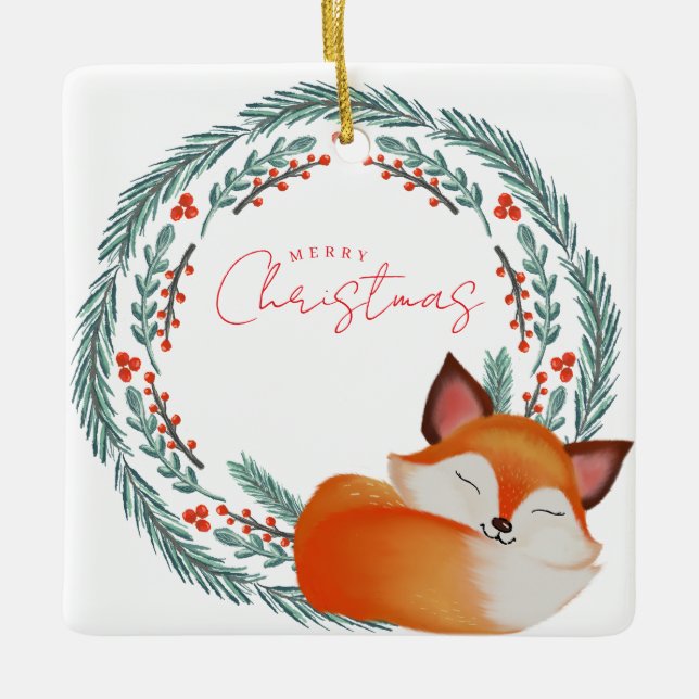 Ornamento De Cerâmica Cute Sleeping Fox Christmas (Frente)