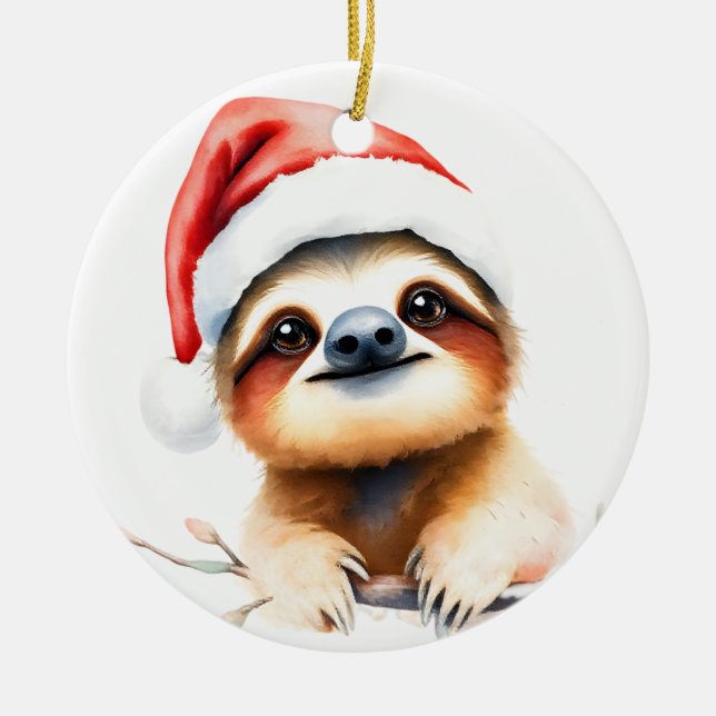 Ornamento De Cerâmica Cute Sloth Wearing Santa Hat (Frente)