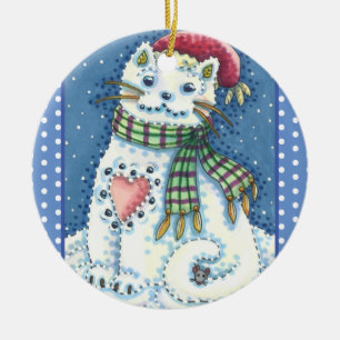 ORNAMENTO DE CERÂMICA CUTE SNOWMAN KITTEN, SNOWFLAKES CAT AND MOUSE