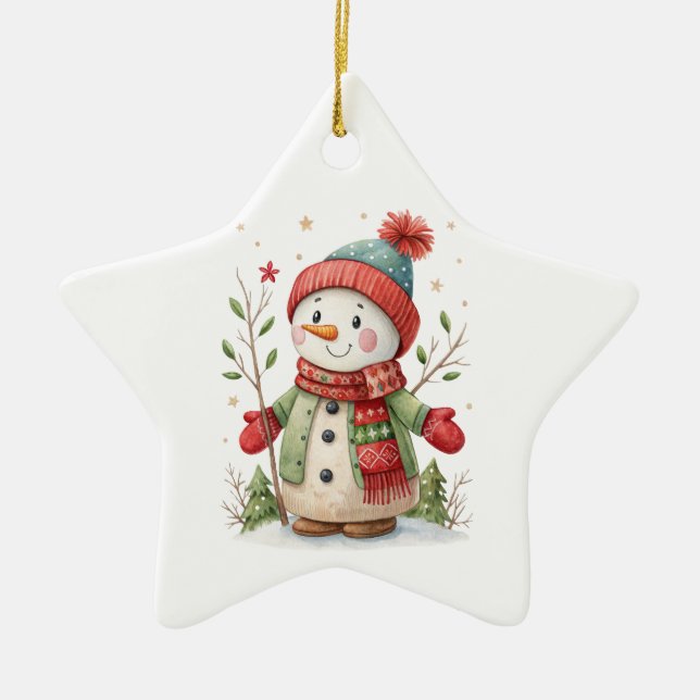 Ornamento De Cerâmica Cute snowmen with Santa hats and holly (Frente)