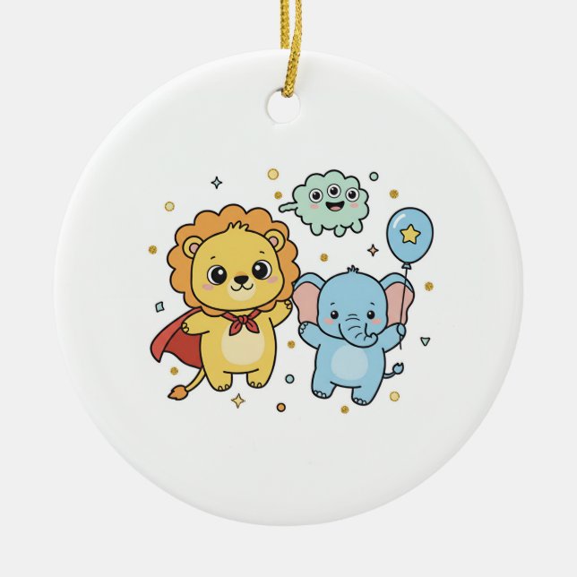 Ornamento De Cerâmica Cute Superhero Lion and Elephant Friends Cartoon (Frente)