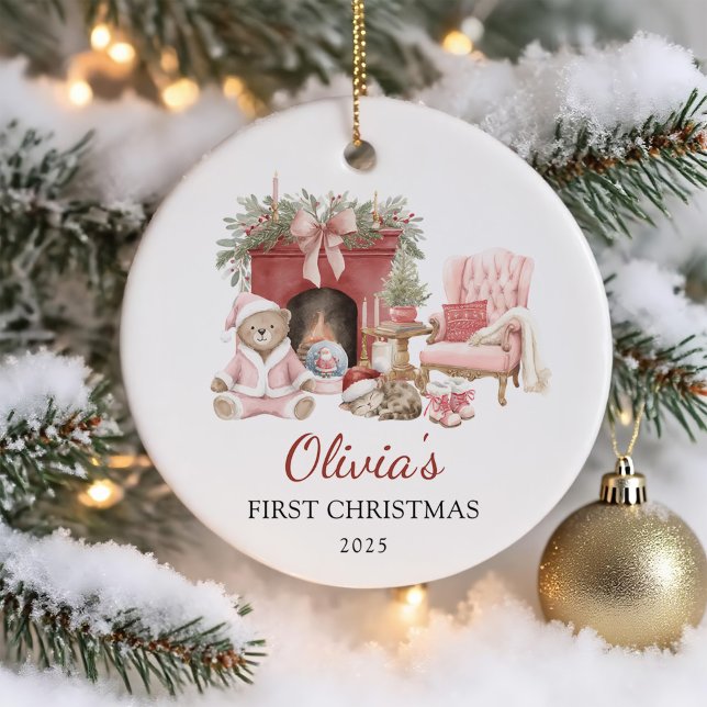 Ornamento De Cerâmica Cute Teddy Bear Baby's First Christmas (Criador carregado)