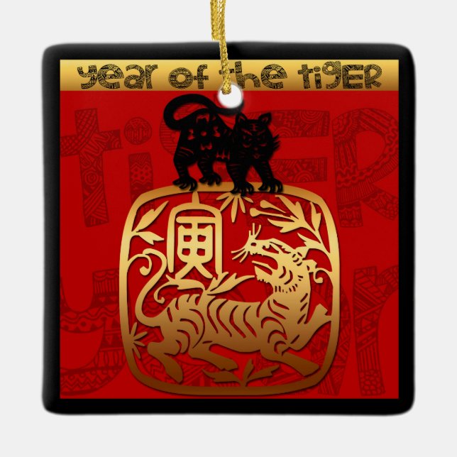 Ornamento De Cerâmica Cute Tiger Chinese Year Zodiac Birthday Square O (Frente)