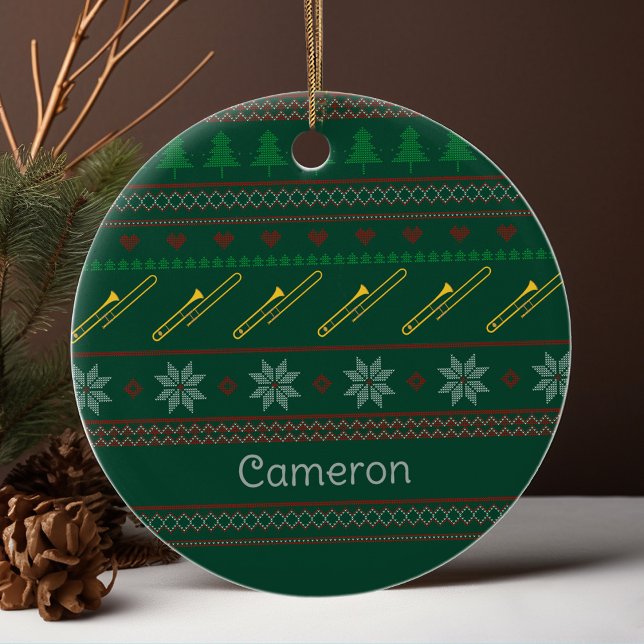 Ornamento De Cerâmica Cute Trombone Christmas Sweater Pattern Custom (Criador carregado)
