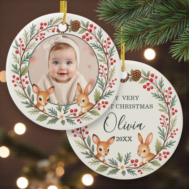 Ornamento De Cerâmica Cute Woodland Baby First Christmas Keepsake (Criador carregado)