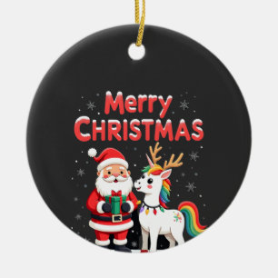 Ornamento De Cerâmica Cute Xmas Unicórnio Papai Noel em T-Shirt de Natal