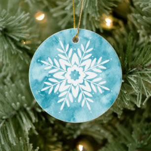 Ornamento De Cerâmica Cyan Watercolor Snowflake