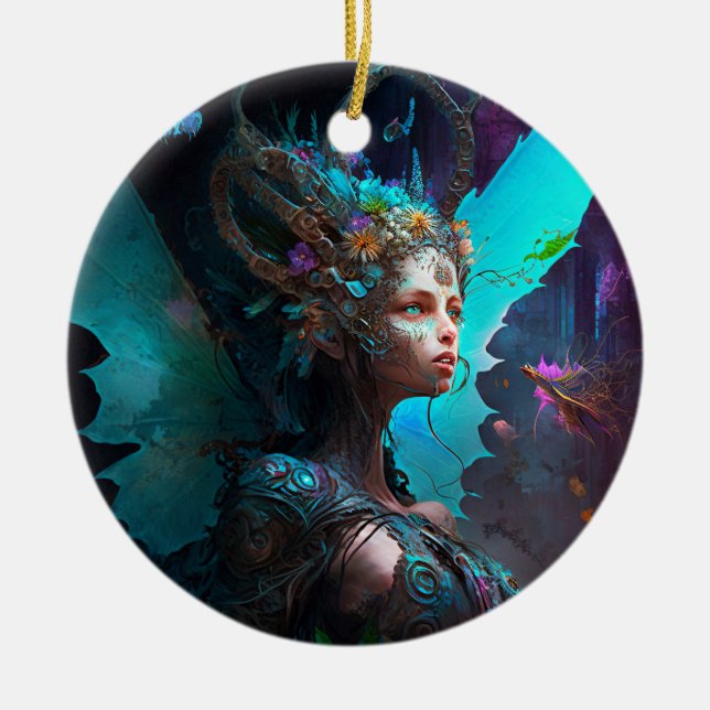 Ornamento De Cerâmica Cyber Fairy Fantasy Art (Frente)