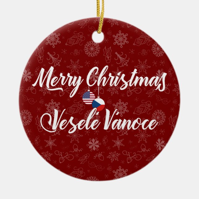 Ornamento De Cerâmica Czech American Bilingual Merry Christmas (Frente)