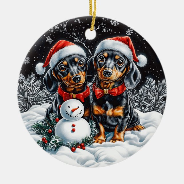 Ornamento De Cerâmica Dachshances e o Natal de Snowman (Frente)