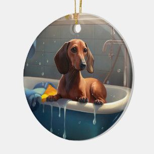 Ornamento De Cerâmica Dachshund Bathtime