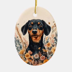 Ornamento De Cerâmica Dachshund Bonito com Pintura de Flores Selvagens