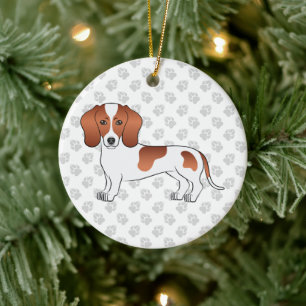 Ornamento De Cerâmica Dachshund Cartoon de Pelo Liso Pé Vermelho & Texto