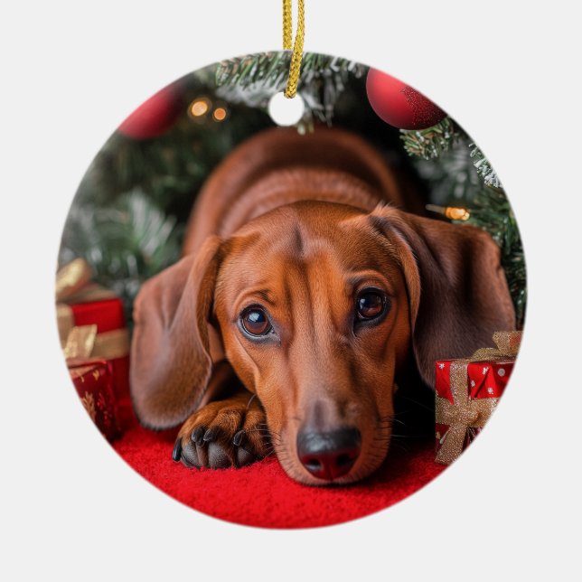 Ornamento De Cerâmica Dachshund Christmas (Frente)