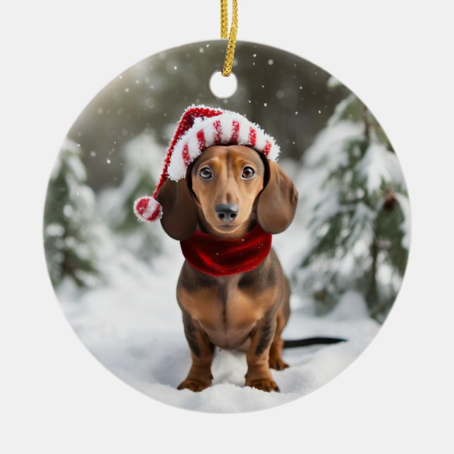 Ornamento De Cerâmica Dachshund Christmas Keepsaet (Frente)
