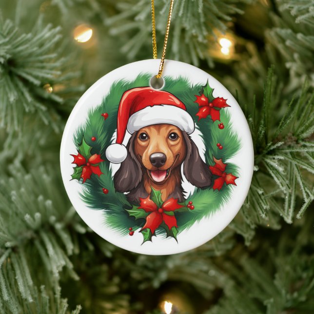 Ornamento De Cerâmica Dachshund Christmas Wreath (Árvore)