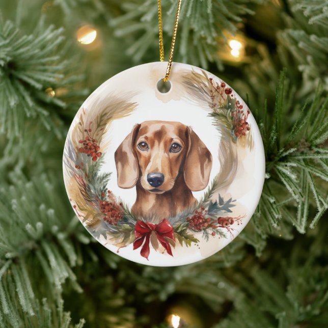 Ornamento De Cerâmica Dachshund Christmas Wreath Festivo Pup (Árvore)
