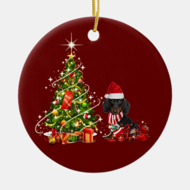 Ornamento De Cerâmica Dachshund com o Natal do Hat Scaft (Frente)