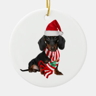 Ornamento De Cerâmica Dachshund com o Natal do Hat Scaft