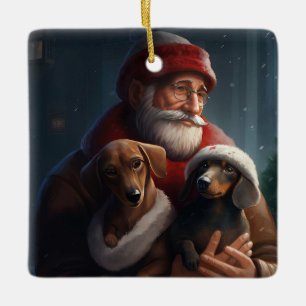 Ornamento De Cerâmica Dachshund Com Papai Noel Natal Festivo