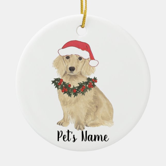 Ornamento De Cerâmica Dachshund Creme Inglês Papai Noel Natal (Frente)