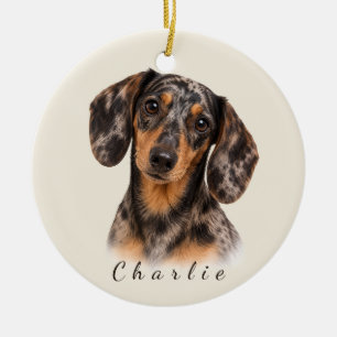 Ornamento De Cerâmica Dachshund Dapple Personalizado com Nome Personaliz