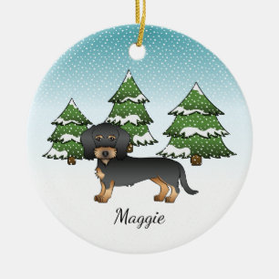 Ornamento De Cerâmica Dachshund de Arame Preto e Castanho no Bosque de I
