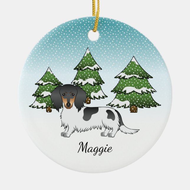 Ornamento De Cerâmica Dachshund De Cabelo Longo, Preto E Tano, Espalhado (Frente)