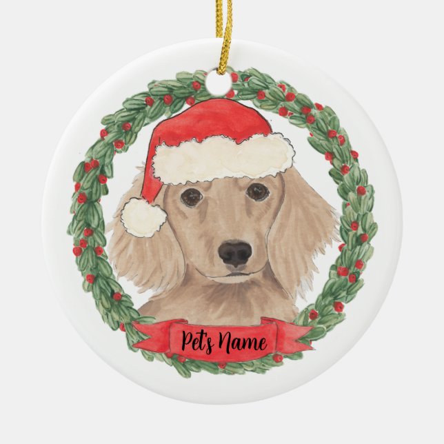 Ornamento De Cerâmica Dachshund de Cabelo Longo Vermelho Personalizado (Frente)