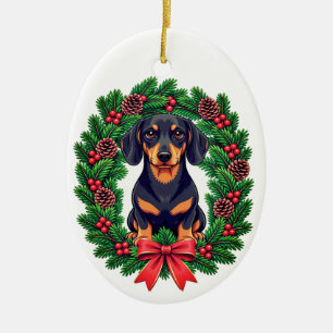 Ornamento De Cerâmica Dachshund de Natal com Coroa de Pinheiro Festiva