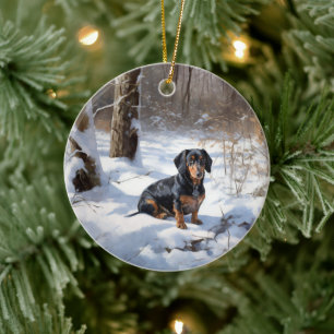 Ornamento De Cerâmica Dachshund Deixe-o nevar no Natal