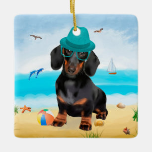Ornamento De Cerâmica Dachshund Dog em Beach