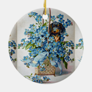 Ornamento De Cerâmica Dachshund e Forget-Me-Nots