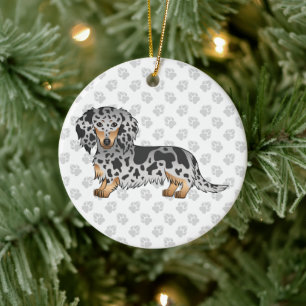 Ornamento De Cerâmica Dachshund E Texto De Cabelo Longo E Preto