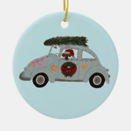 Ornamento De Cerâmica Dachshund em Carro Hippie no Natal