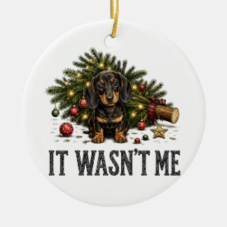 Ornamento De Cerâmica Dachshund Engraçado de Natal Não Fui Eu
