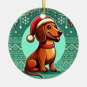 Ornamento De Cerâmica Dachshund Festivo Usando Chapéu de Papai Noel