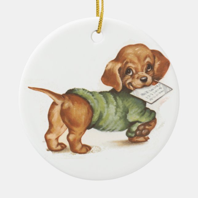 Ornamento De Cerâmica Dachshund filhote com letra (Frente)