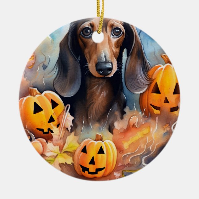 Ornamento De Cerâmica Dachshund Halloween Com Pumpkins Assustado (Frente)