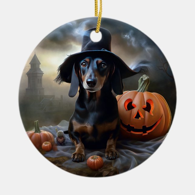 Ornamento De Cerâmica Dachshund Halloween Scary (Frente)