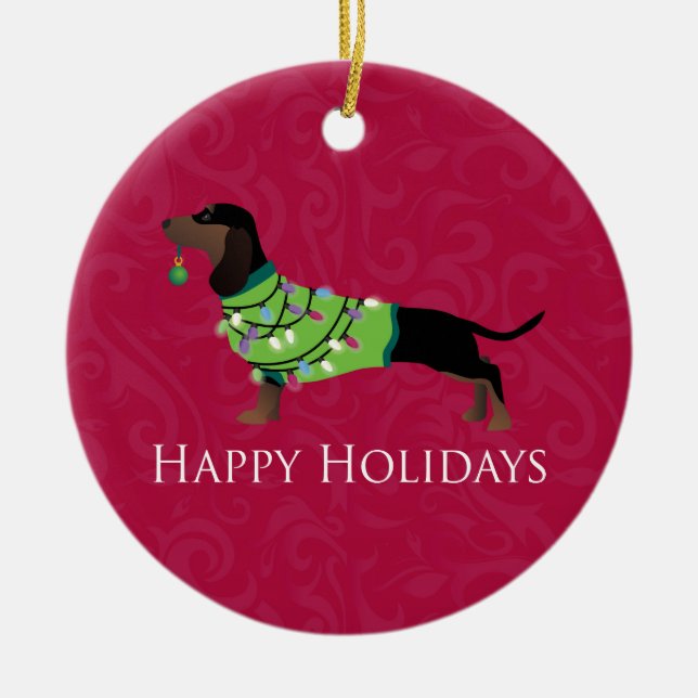 Ornamento De Cerâmica Dachshund Happy Holidays Design (Frente)