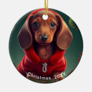 Ornamento De Cerâmica Dachshund Natal Date ou Add Pet Photo