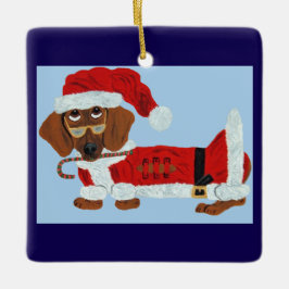 Ornamento De Cerâmica Dachshund Papai Noel com uma bengala doce 