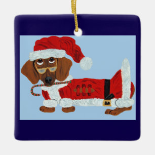 Ornamento De Cerâmica Dachshund Papai Noel com uma bengala doce