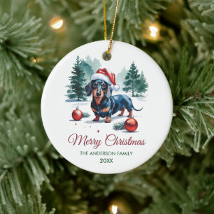 Ornamento De Cerâmica Dachshund Personalizado com Chapéu de Papai Noel N