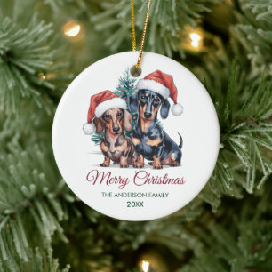 Ornamento De Cerâmica Dachshund Personalizado com Chapéu de Papai Noel N