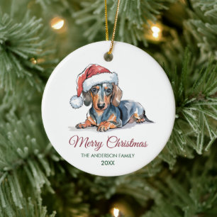 Ornamento De Cerâmica Dachshund Personalizado de Chapéu de Papai Noel Na