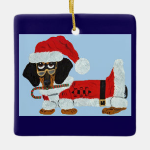 Ornamento De Cerâmica Dachshund Preto e Castanho Papai Noel com um Cane