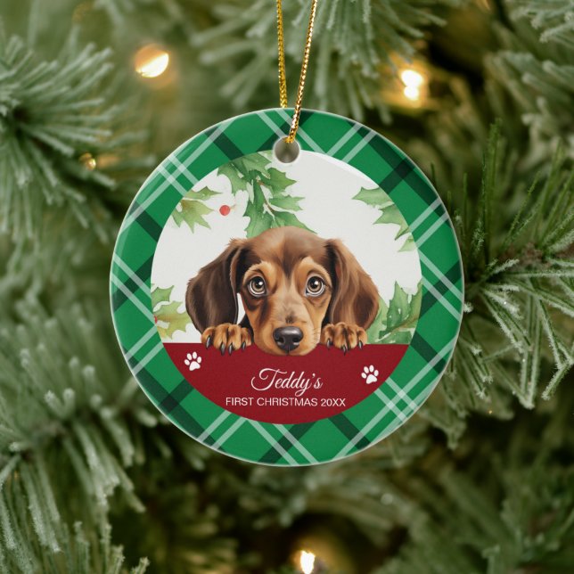 Ornamento De Cerâmica Dachshund Primeiro Natal Personalizado (Árvore)